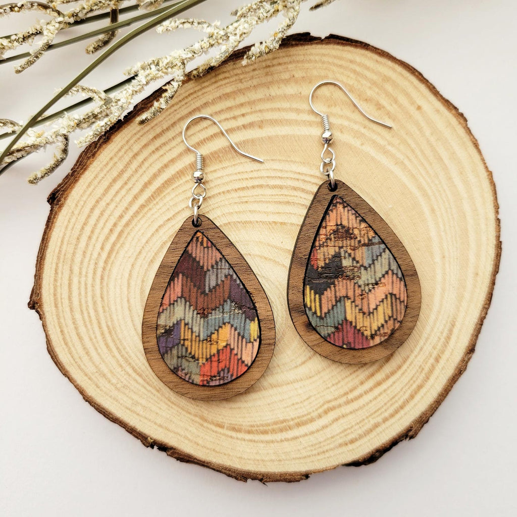 Geometric print, teardrop shaped wood dangle earrings