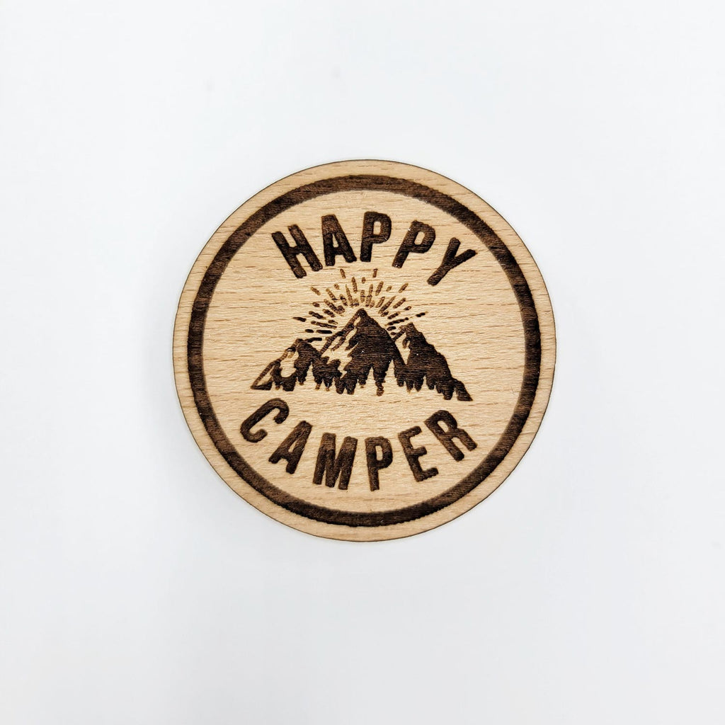 Happy camper round pin with engraved mountains