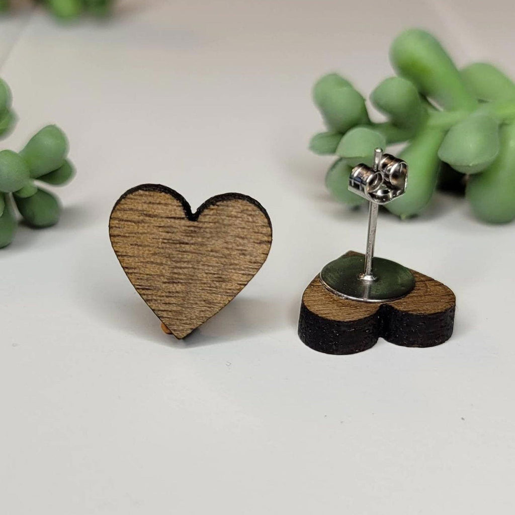 Heart shaped stud earrings, front and baclk