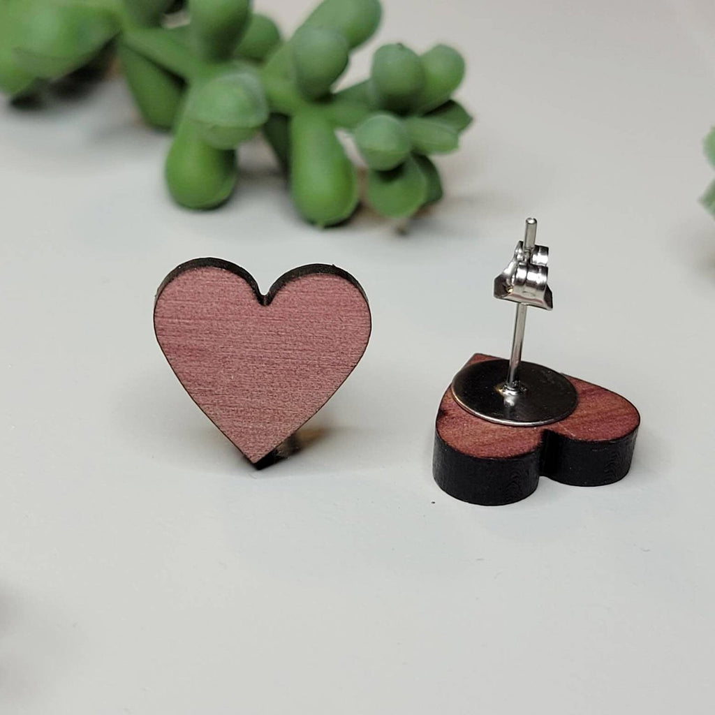 Colored heart shaped stud earrings, front and back