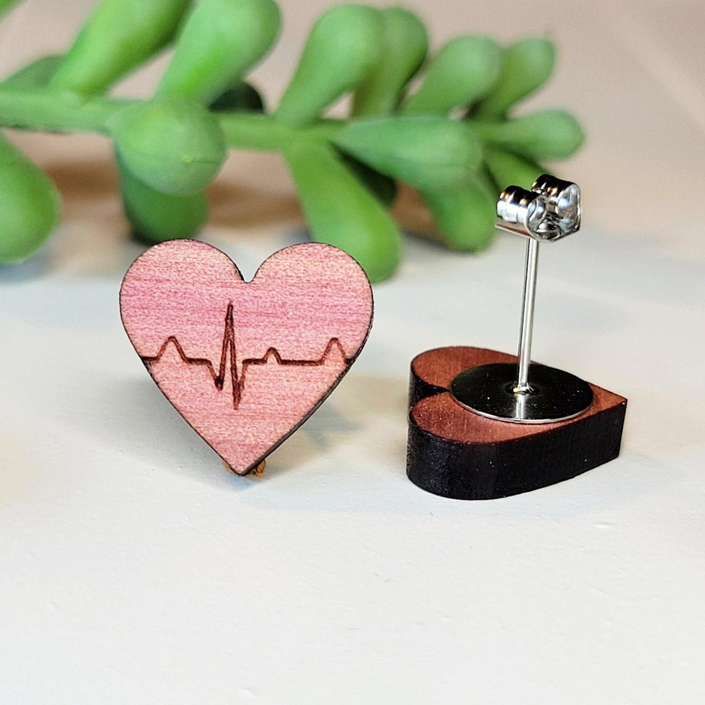 Heartbeat stud earrings, front and back