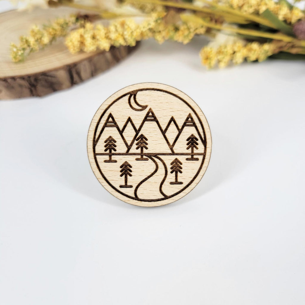 Line art mountain, round wood pin