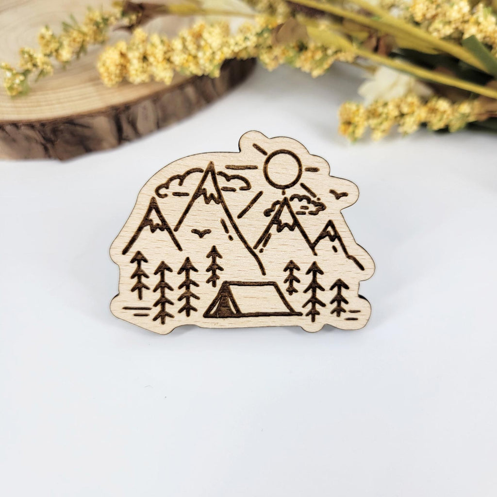Line art tent in the mountains wood pin