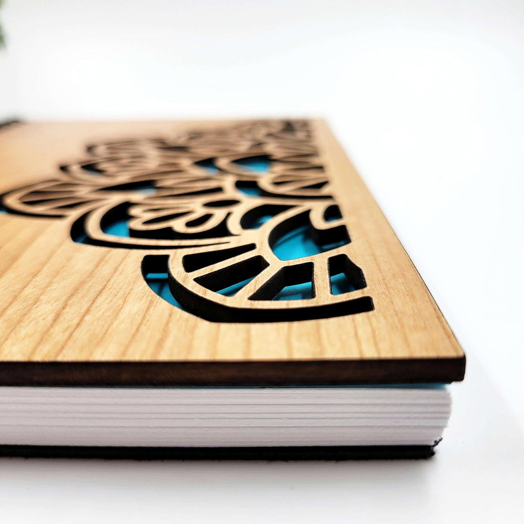 Blue mandala flower cut wood journal