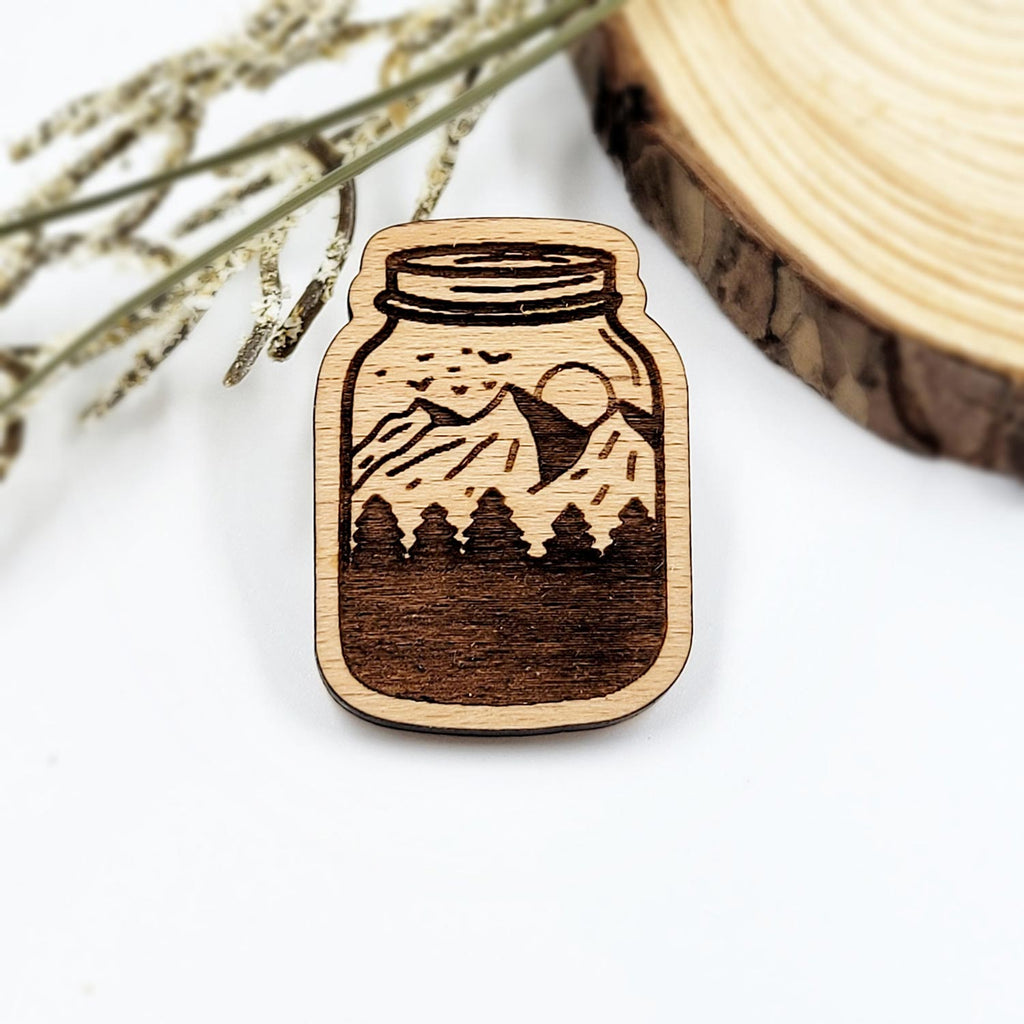 Mountains in a mason jar wood pin