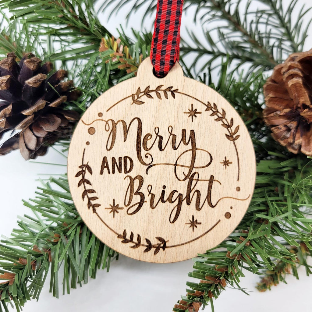 Merry and bright round Christmas ornament