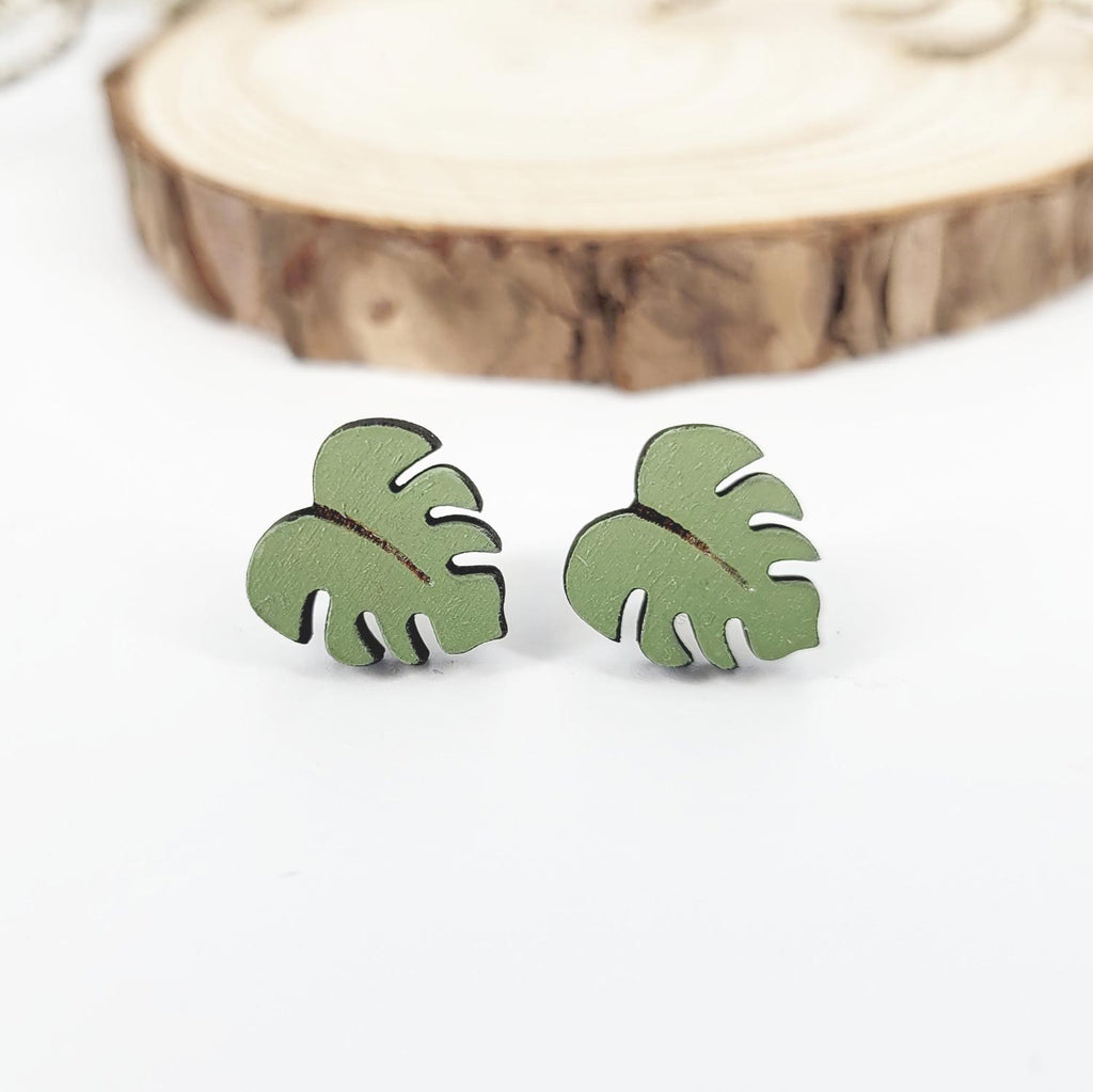 Green monstera leaf shaped stud earrings