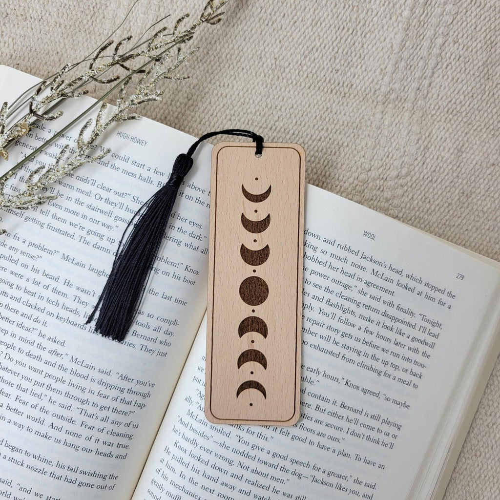 Moon phases wooden bookmark with black tassel