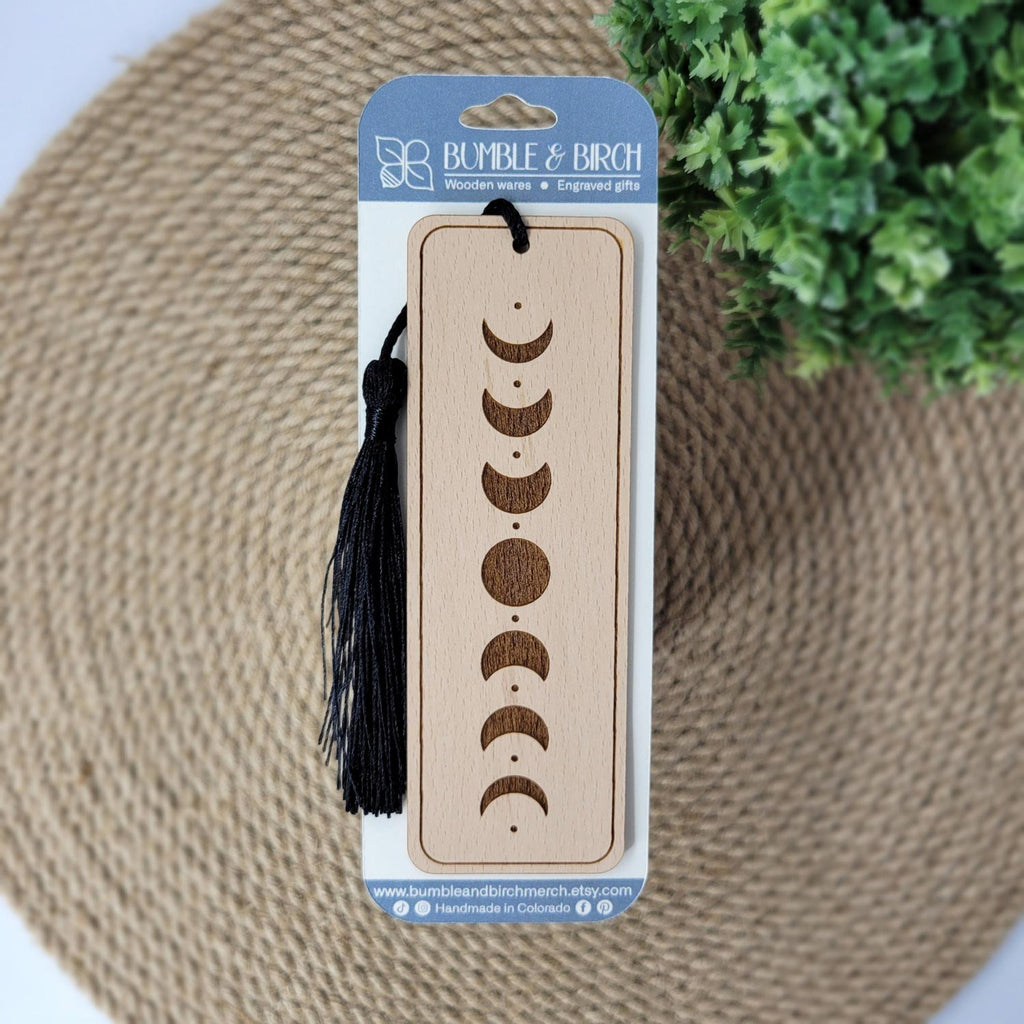 Moon phases wooden bookmark with black tassel and packaging