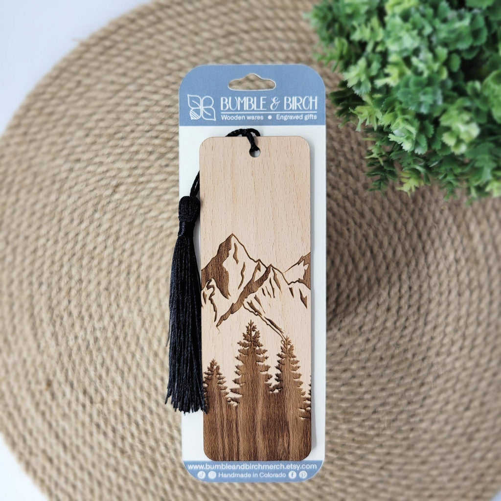Mountains and forest engraved wooden bookmark with black tassel and packaging