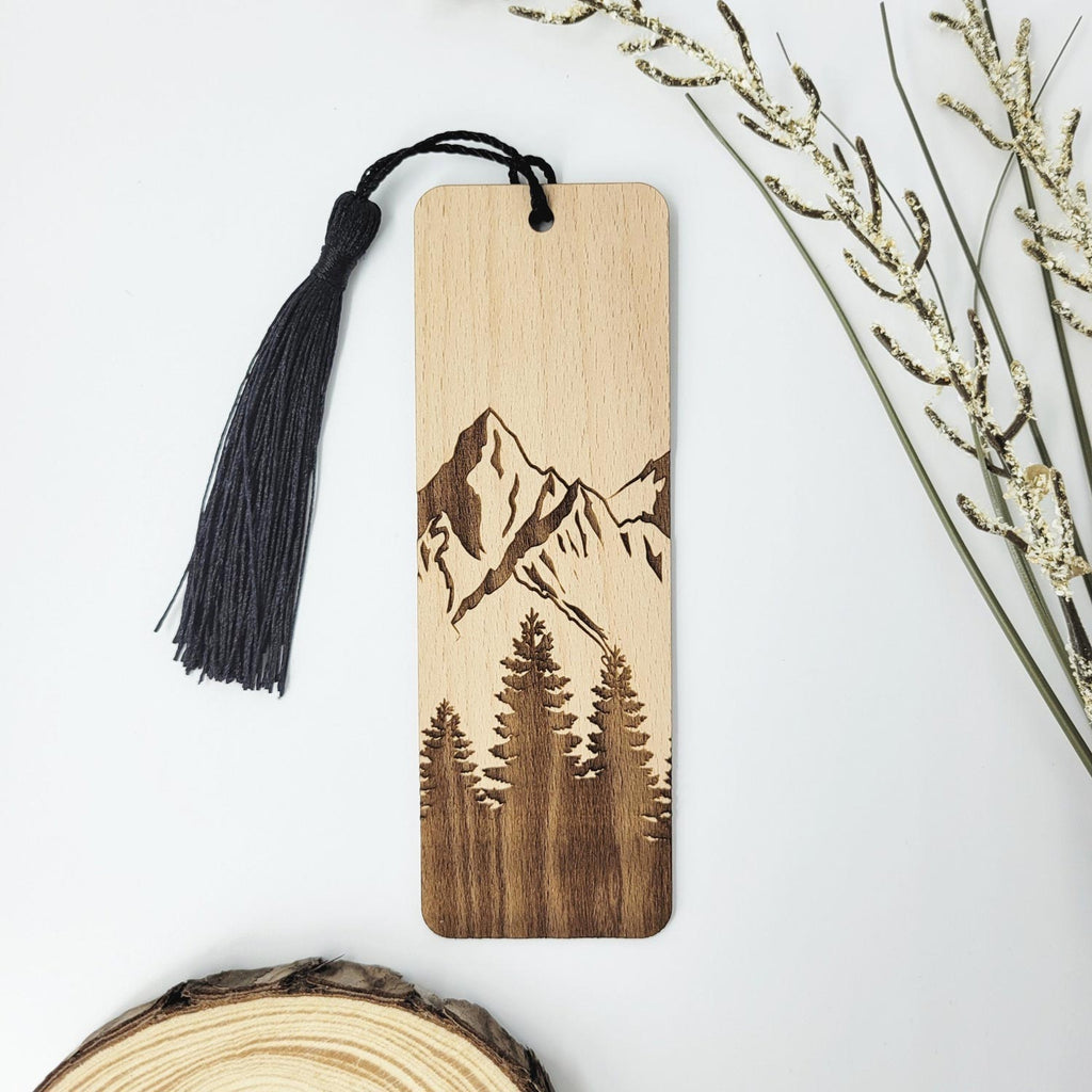 Mountains and forest engraved wooden bookmark with black tassel