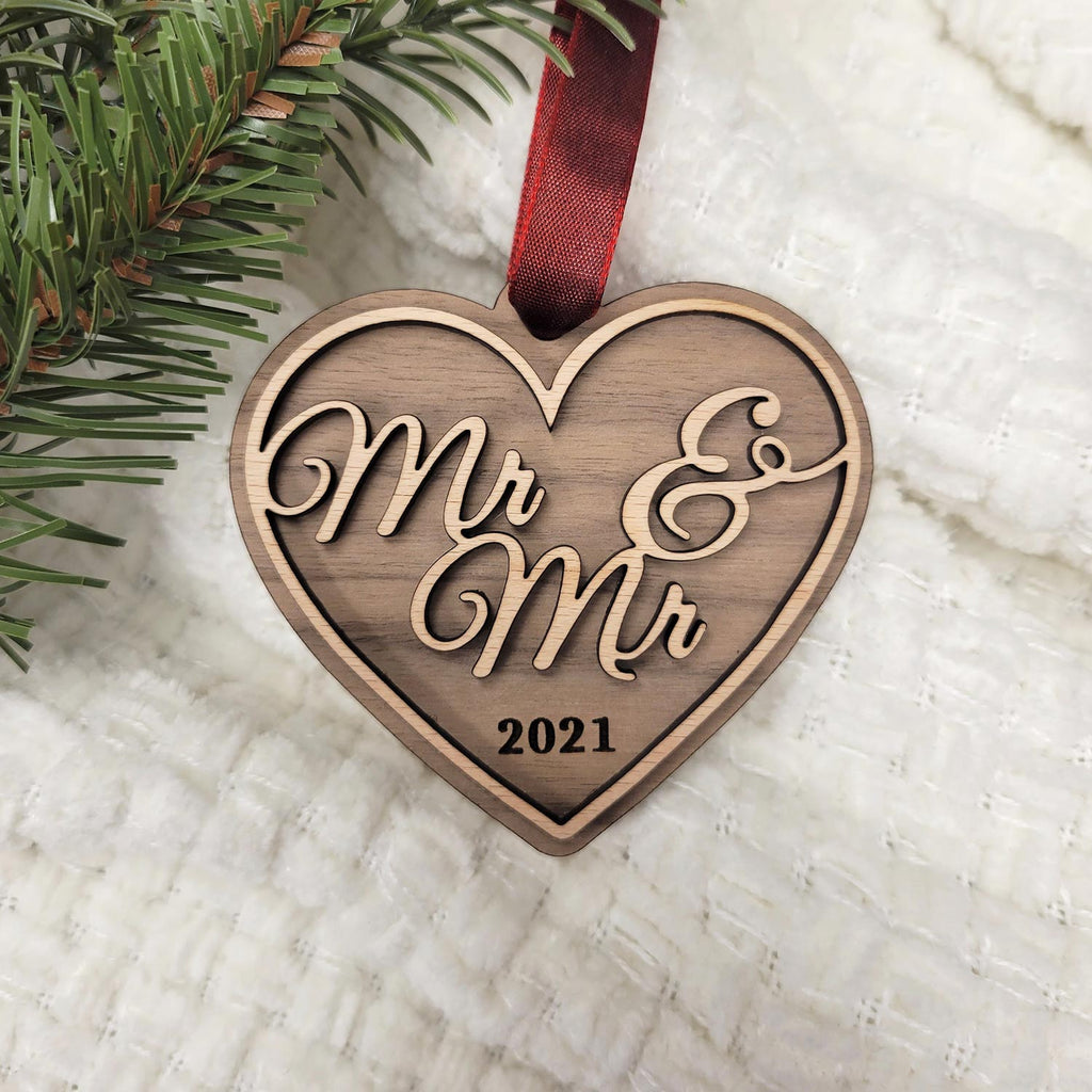 Mr & Mr engraved heart shaped wood Christmas ornament