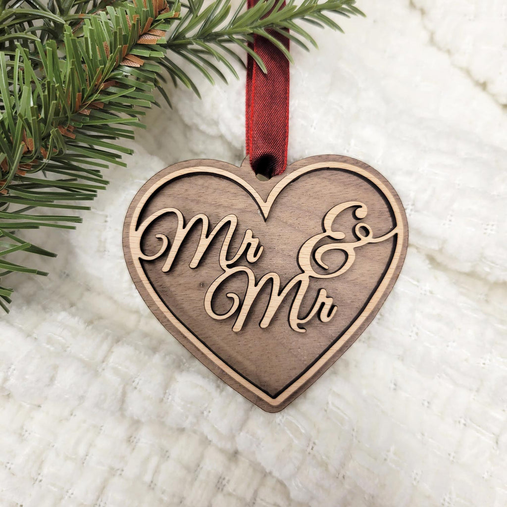 Mr & Mr engraved heart shaped wood Christmas ornament