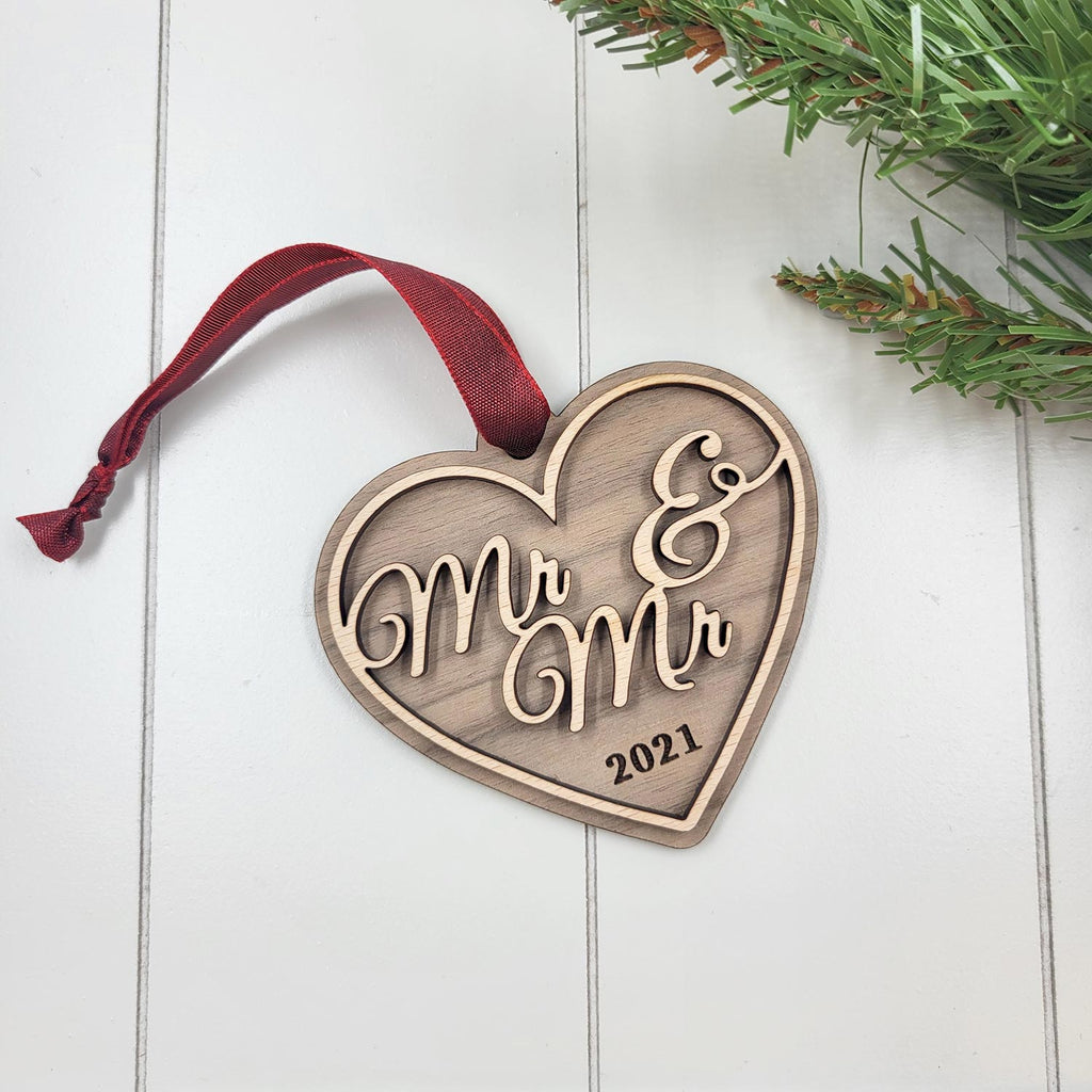 Mr & Mr engraved heart shaped wood Christmas ornament with red ribbon