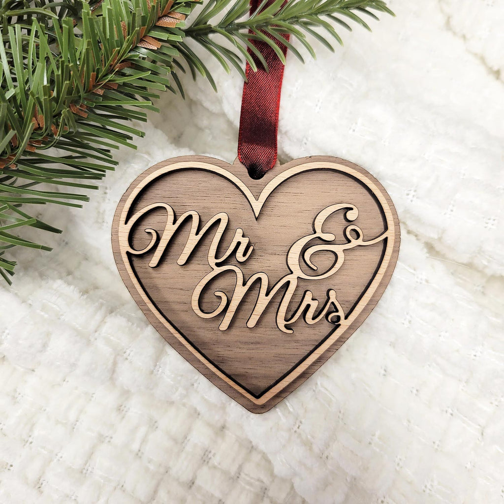 Mr & Mrs heart shaped Christmas ornament with red ribbon