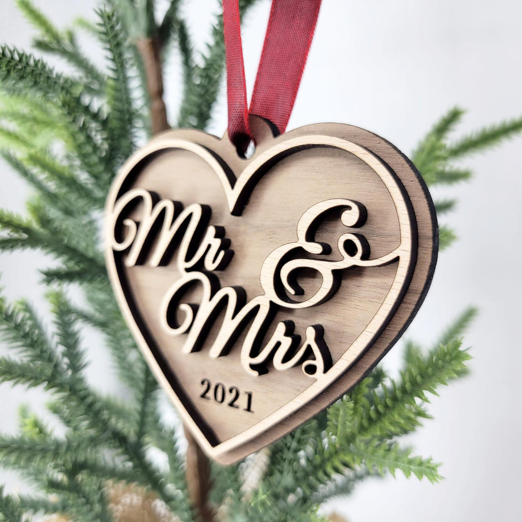 Mr & Mrs heart shaped Christmas ornament