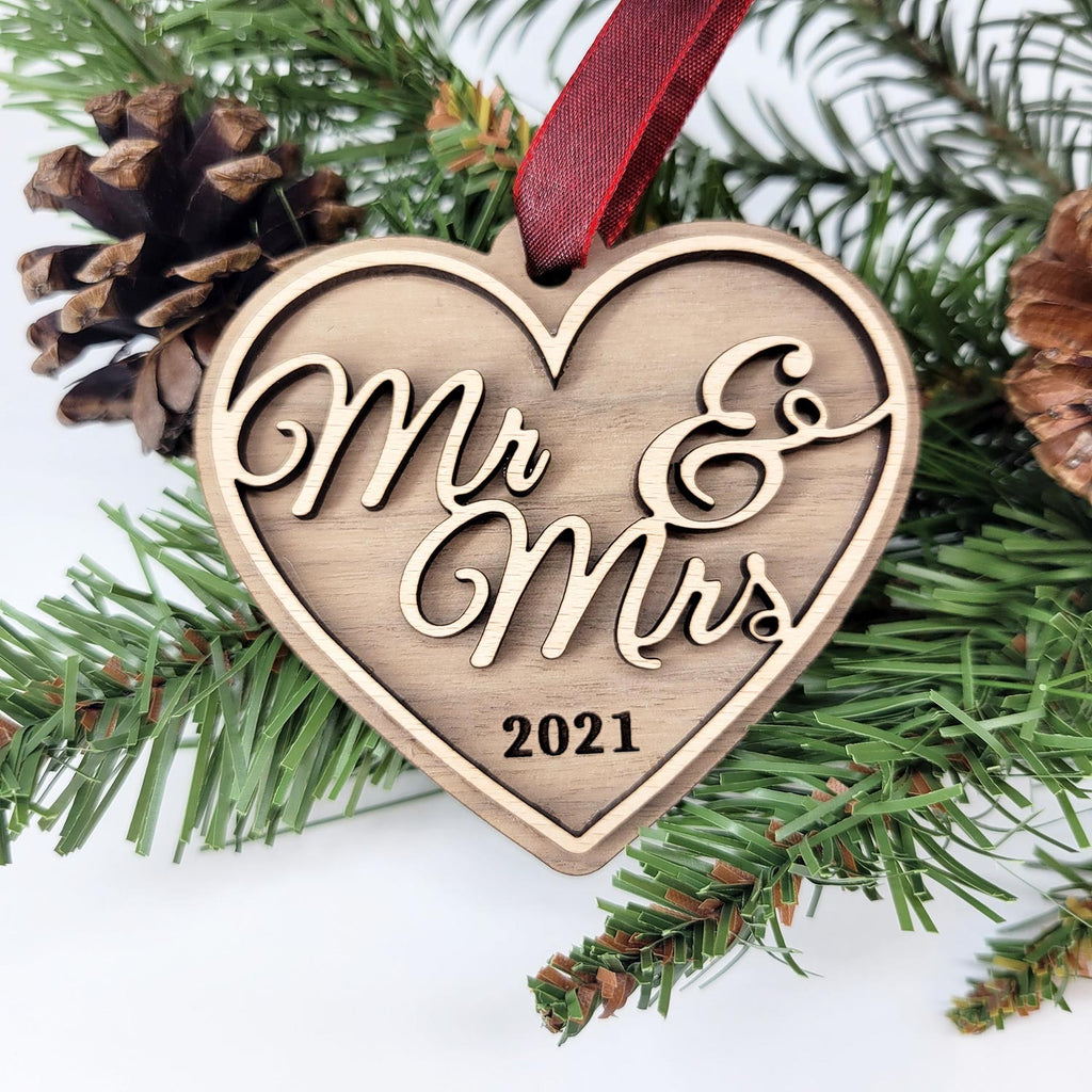 Mr & Mrs heart shaped Christmas ornament