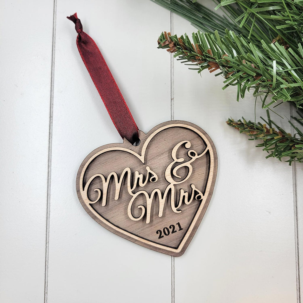 Mrs & Mrs heart shaped Christmas ornament with red ribbon