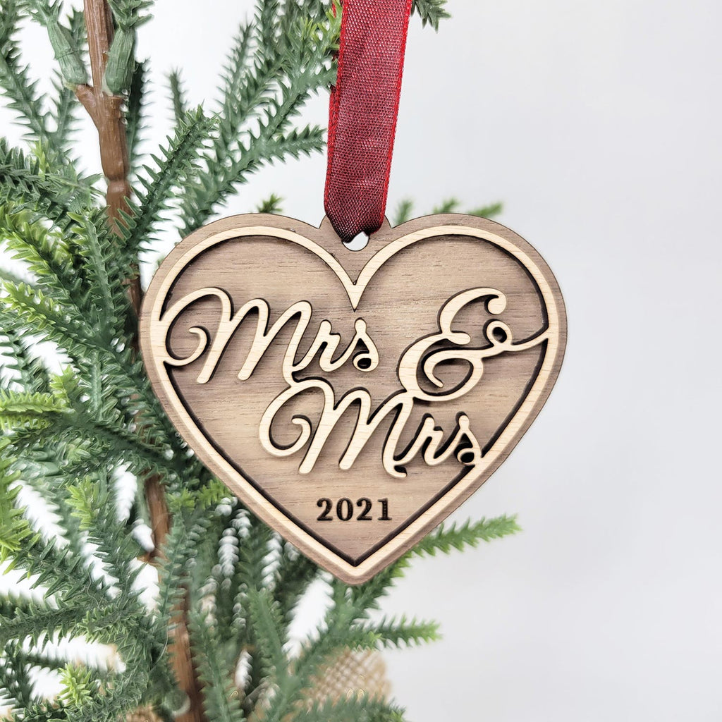 Mrs & Mrs heart shaped Christmas ornament