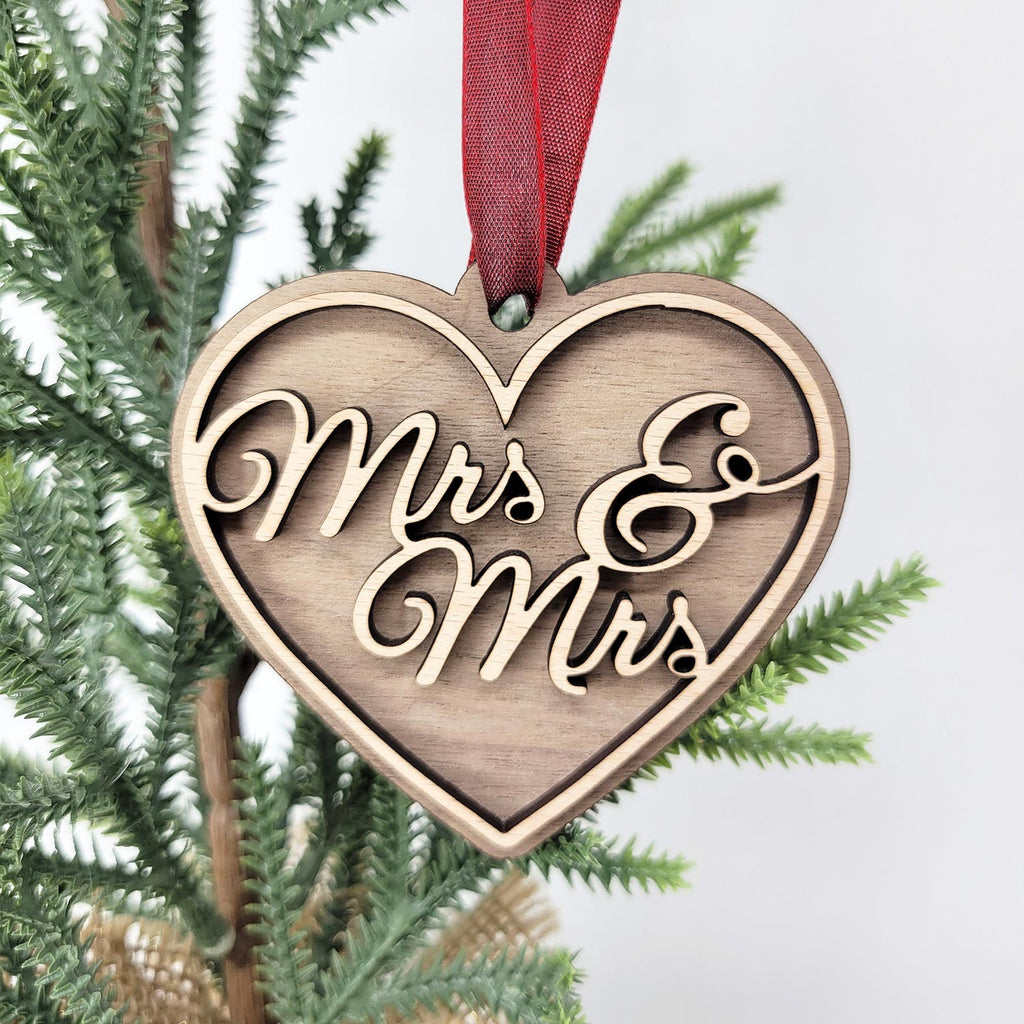 Mrs & Mrs heart shaped Christmas ornament with red ribbon
