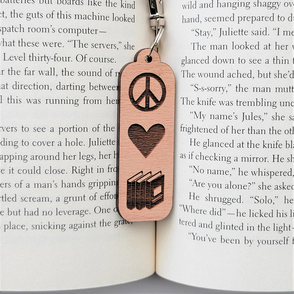 Peace, love and books engraved icon keychain