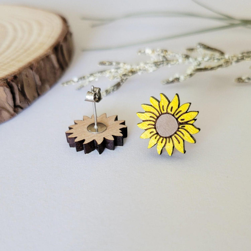 Sunflower shaped yellow stud earrings, front and back