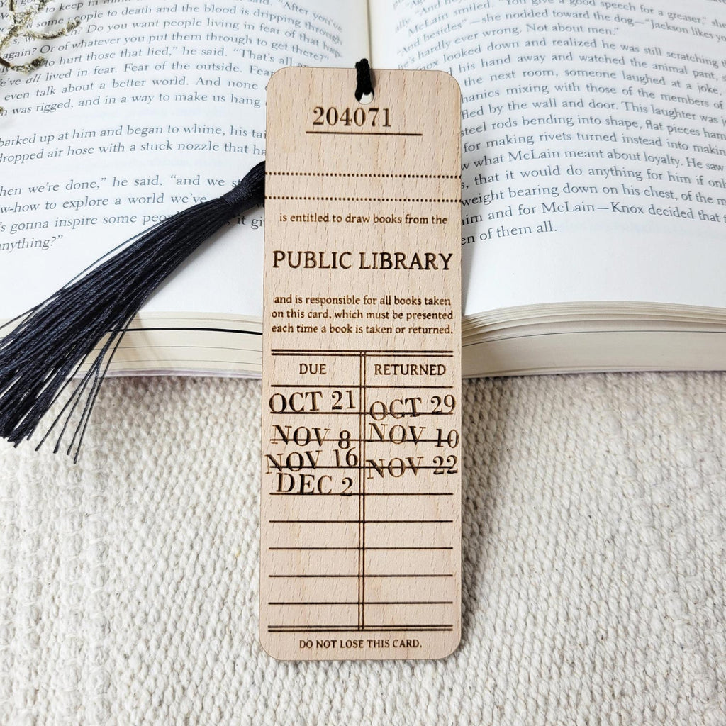 Vintage library card engraved bookmark with black tassel