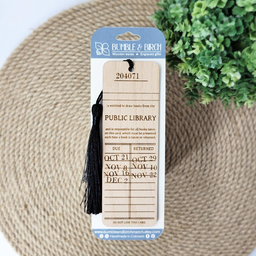 Vintage library card engraved bookmark with black tassel and packaging