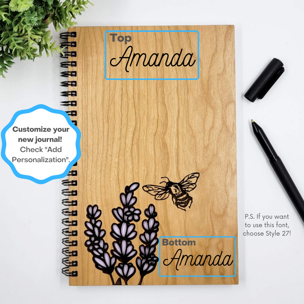 Lavender and bee cut wood journal personalization